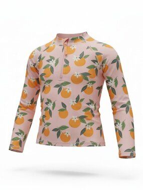 RuffleButts Rash Guard Girls 7 Pink Orange Fruit Print Long Sleeve Swim Top